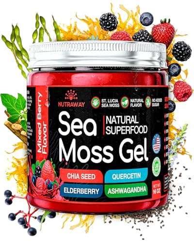 NUTRAWAY LABS Mixed Berry Sea Moss Gel - Wildcrafted Irish Sea Moss with Elderberry, Ashwagandha & Quercetin - Organic Superfood Supplement, Vegan, No Sugar