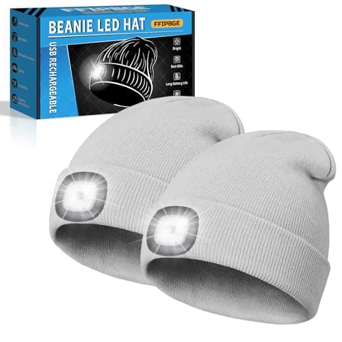 FFIPBGE Christmas Stocking Stuffers for Men Adults, Beanie Hats with Light, USB Rechargeable LED Hand Free Headlamp, Birthday Gifts for Men, Women, and Teens, Ideal for Camping, Hiking, 2 Pack, Grey