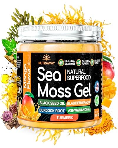 NUTRAWAY LABS Mango Sea Moss Gel - Wildcrafted Irish Moss with Black Seed Oil, Turmeric & Ashwagandha for Immune Support - Vegan Superfood, Bladderwrack & Burdock Root, No Sugar