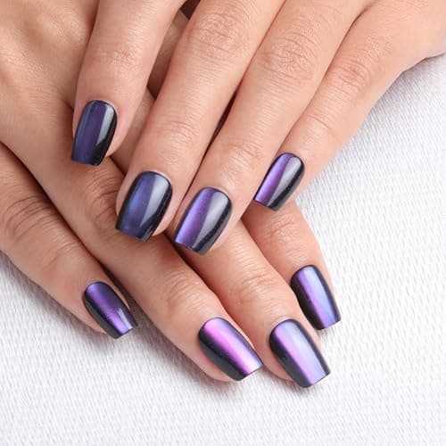 Melines 30pcs Purple Cat Eye Short Square Press On Nails, Reusable Nail Kit with Nail Adhesive Tabs Mini Nail File, 15 Sizes (Purple)