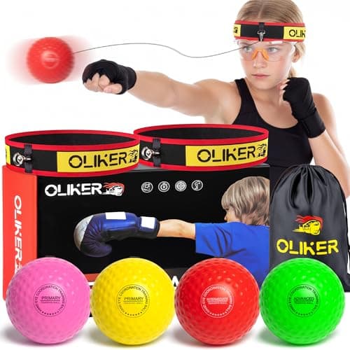 OLIKER Boxing Reflex Ball for Kids, 4 Levels Boxing Ball with 2 Headbands, 1 Pair Gloves and 1 Goggles, Perfect for Reaction, Punching Speed and Hand Eye Coordination Training (Yellow+Pink+Red+Green)