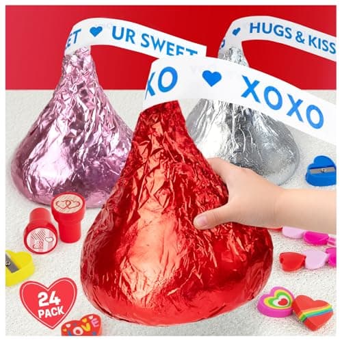 Valentines Day Gifts for Kids - 24 Pack Giant Chocolate-Shaped Stationery Set with Pencils Stickers Gift Tags Erasers Stamper Sharperner - Valentine Classroom School Exchange Boys Girls Party Favors