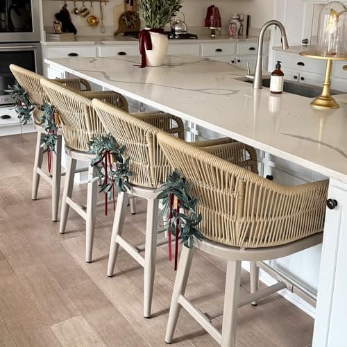 PURPLE LEAF Outdoor Counter Height Bar Stools Set of 2 Patio Metal Modern Wicker Rattan Bar Chairs Woven Aluminum Barstools with Back and Cushions for Balcony Garden Indoor Kitchen Outside Champagne