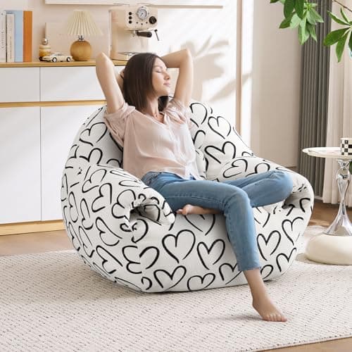 DAICO Bean Bag Chairs for Adults, Comfy Bean Bag Sofa Chair with Handle, Single Lazy Floor Sofas Accent Chair with Foam Bean Bag Couch for Living Room Bedroom Reading Gaming, White Cordate