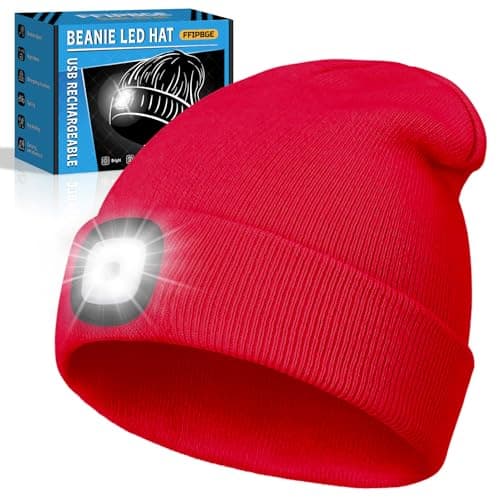FFIPBGE Christmas Stocking Stuffers for Men Adults, Beanie Hats with Light, USB Rechargeable LED Hand Free Headlamp, Birthday Gifts for Men, Women, and Teens, Ideal for Camping, Hiking, Red