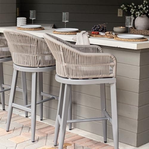 PURPLE LEAF Outdoor Bar Height Stools Set of 2 Patio Metal Modern Wicker Rattan Bar Chairs Woven Aluminum Barstools with Back and Cushions for Balcony Garden Indoor Kitchen Outside Light Gray