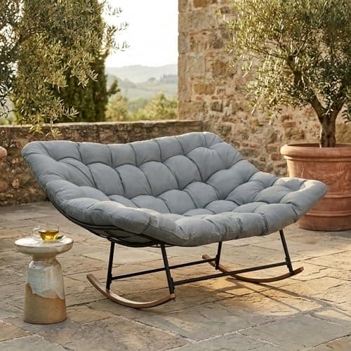 Oversized Outdoor Double Papasan Rocking Chair with 6" Thick Cushion, 2 Person Big Wicker Comfy Egg Rocking Chair, Large Wide Papasan Rocking Loveseat Sofa for Living Room Patio Garden Backyard