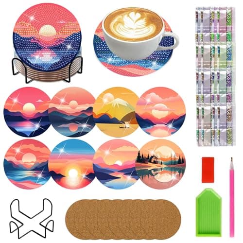 Diamond Art Coasters Kit, 8PCS DIY Diamond Painting Coasters Kit with Holder and Cork Pads, Sunset Diamond dot Coaster Craft Kit for Adults, Home Table Decor & Handmade Gift 4x4in