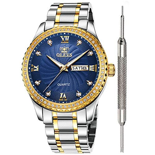 OLEVS Blue Dial CZ Crystal Rhinestone Mens Watch Stainless Steel CZ Analog Quartz Wrist Watch Water Resistant Date Calendar Display Business Casual Fashion Rhinestone Watch for Men Durable Mineral Glass Luxury Design