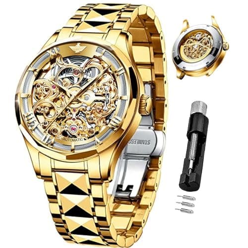 OUPINKE Automatic Gold Watches for Men Luxury Fancy Larger Men Watch Skeleton Self Winding Waterproof Stainless Steel Men's Watch Mechanical Sapphire Dress Men's Wrist Watches Relojes para Hombres
