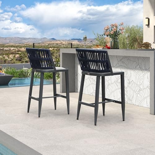 PURPLE LEAF Outdoor Bar Height Stools Set of 2 Wicker Rattan Armless Patio Barstools Woven Modern Bar Chairs with Backrest and Cushions for Garden Outside Grey
