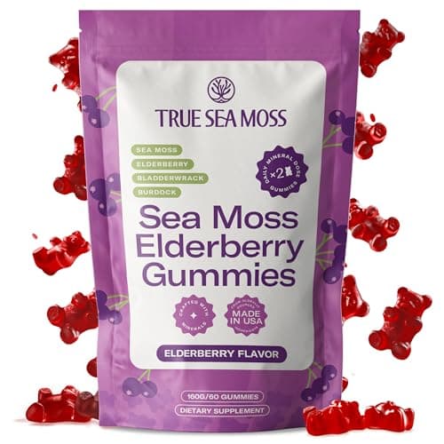 TrueSeaMoss Sea Moss Elderberry Gummies for Adults & Kids – with Burdock Root, Bladderwrack & Magnesium – 60 Gummies (Pouch May Vary)