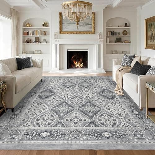 Brevonox Area Rug for Living Room - Vintage Indoor Machine Washable Rug for Bedroom Dinning Room Floor - Soft Low-Pile Carpet Non-Slip Backing Floral Rugs for Office (Grey, 9' × 12')