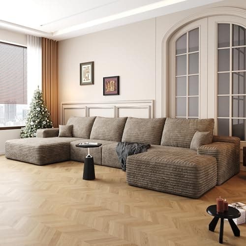 RENDGO 135" Cloud Sectional Boneless Sofa with 1 Ottoman,Modern Minimalist Upholstered Couches,Comfort U Shaped Sofa for Living Room,Deep Seat Corner Couch,No Assembly Required,Camel
