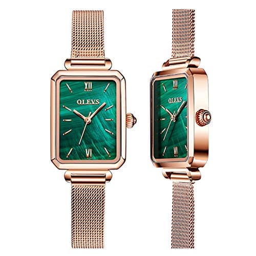 OLEVS Green Dial Square Face Rose Gold Watch for Women - Retro Stainless Steel Mesh Band,Analog Quartz,Waterproof Elegant Dress Watch Self Love Splurge & Christmas Gift for Her​
