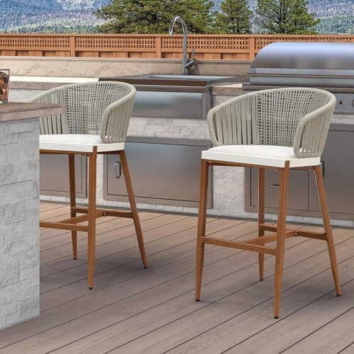 PURPLE LEAF Outdoor Rattan Bar Height Stools Set of 2 Modern Patio Metal Wicker Barstools Boho Aluminum Woven Bar Chairs with Wraparound Arm Backrest for Kitchen Island Garden Indoor Teak