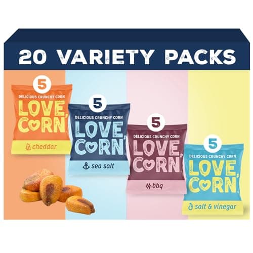 LOVE CORN Family Favorite - Sea Salt, BBQ, Salt & Vinegar, Cheddar 0.7oz x 20 - Delicious Crunchy Corn - Healthy Family Snacks - Gluten Free, NON-GMO - Alternative for Chips, Nuts, Crackers & Pretzels
