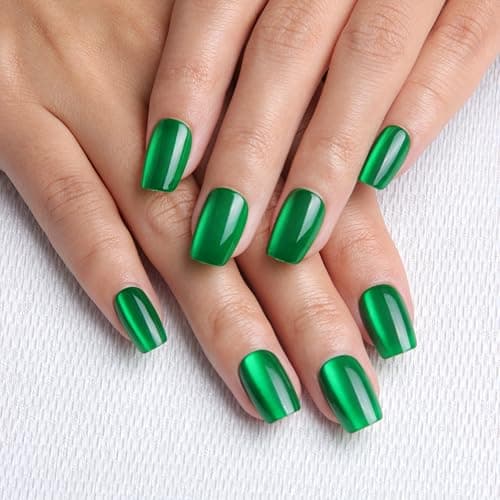 Melines 30pcs Green Cat Eye Short Square Press On Nails, Reusable Nail Kit with Nail Adhesive Tabs Mini Nail File, 15 Sizes (Green)