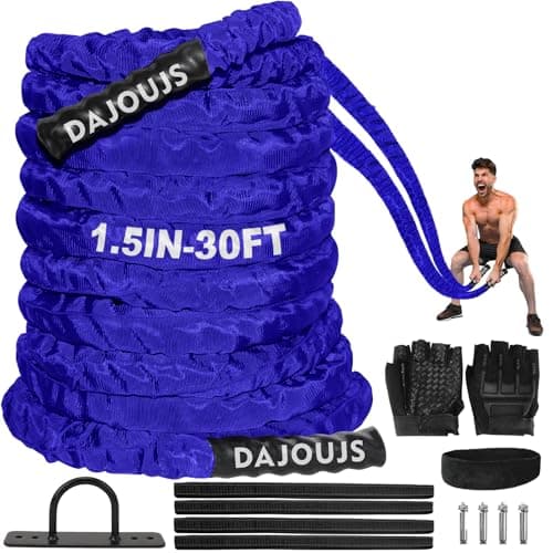 Battle Ropes for Home Gym 1.5Inch Diameter 30FT Lengths Workout Heavy Battle Ropes for Exercise Training Weighted Rope, Working Out Exercise Equipment with Protective Cove - Blue