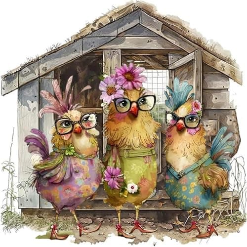 ijbnhd Chicken Diamond Art Kits for Adults, DIY Chicken Diamond Painting Kits for Adults, Round 5D Full Drill Diamond Painting for Home Wall Decoration Gift 14X14inch