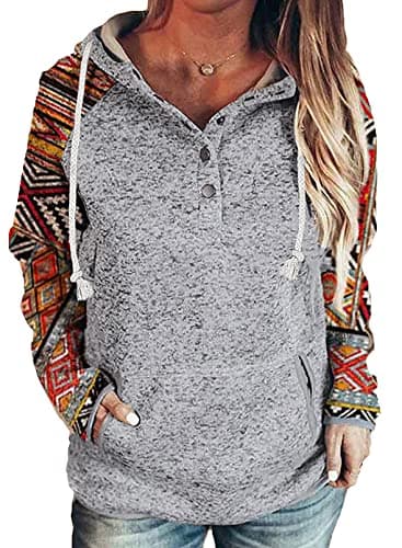 Half Hidden Women's Fall Winter Casual Sweatshirts Fashion Button Collar Ethnic Print Patchwork Knit Stitching Drawstring Hoodies Gray XX-Large
