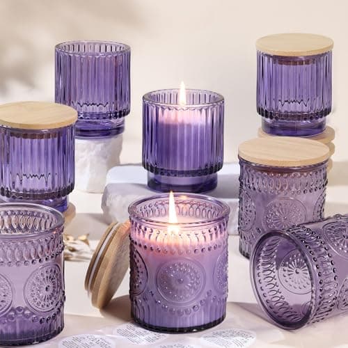 8 Pack Purple Glass Candle Jars for Making Candles-7 Oz, Empty Candle Containers, Candle Making Supplies, Candle Vessels with Bamboo Lids & Warning Labels for Home, Centerpiece Table Decor