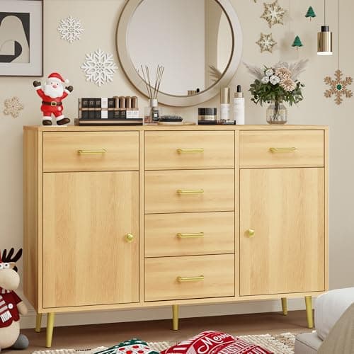 Wood 6 Drawer Dresser for Bedroom with 2 Doors, 48" Wide Modern Chest of Drawers with Metal Handle, Wooden Dresser TV Stand, Wood Closet Clothes Storage Organizer for Living Room, Hallway, Natural Oak