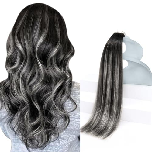 Sunny Hair Tape in Hair Extensions Real Human Hair Invisible Remy Hair Extensions Tape ins for Women Natural Black Roots to Silver Grey Balayage 16 inch 20Pcs 50G