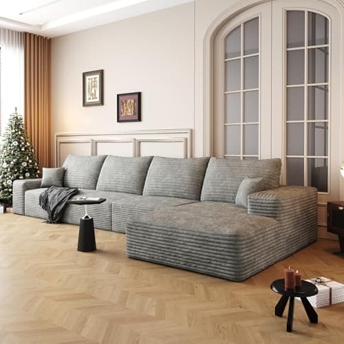RENDGO 135" Cloud Sectional Boneless Couch with L-Shape Chaise,Modern Modular Sofa with Deep Seat,Upholstered Couches for Living Room Bedroom,No Assembly Required,Grey
