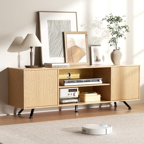 GRLEAF TV Stand for 50/55/60/65 Inch TV, Wood Entertainment Center with Open Storage Shelves, 2 Cabinets and 2 Cord Holes, Mid Century Modern TV Console Table Media Console for Living Room Bedroom