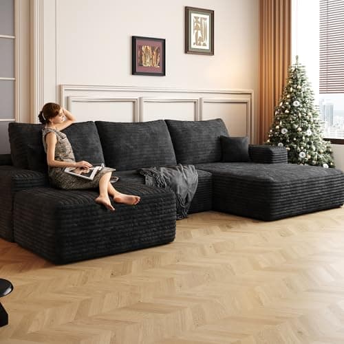 RENDGO 108" Cloud Boneless Sectional Couch for Living Room,Modular U Shaped Couch with Deep Seat,Removable Ottoman,Memory Foam Compressed Spineless 4 Seater Sofa for Apartment,Black