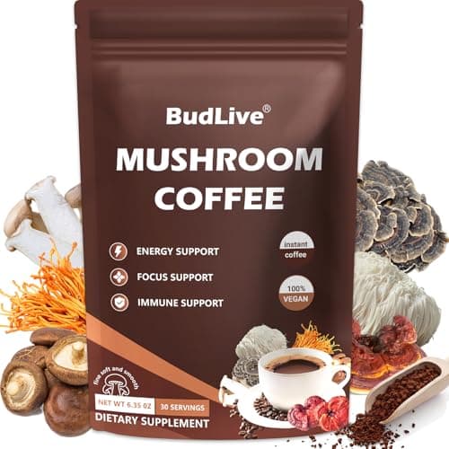 BudLive Mushroom Coffee with Lion's Mane, Reishi & Cordyceps – 6 Mushroom Adaptogen Blend for Focus, Energy, Digestion & Immune Support, Low Acid Instant Coffee Powder, 30 Servings