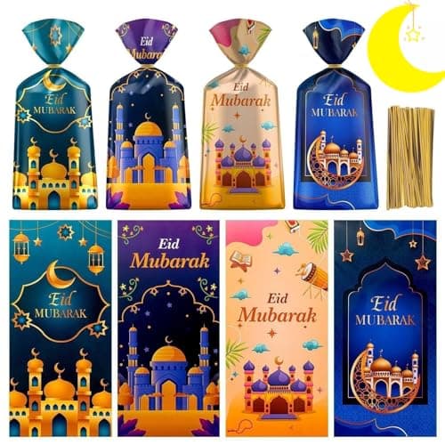100 Pcs Ramadan Goodie Bag - Eid Mubarak Gift Bags, Ramadan Mubarak Plastic Cellophane Bags, 4 Styles Ramadan Goody Candy Favor Treat Bags with Gold Twist Ties for Islamic Muslim Eid Mubarak Party