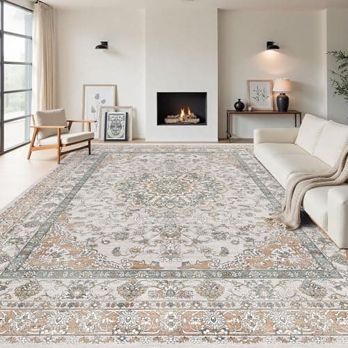Vintage Soft 9x12 Large Area Rug for Living Room, Beige & Orange Farmhouse Low Pile & Stain Resistant Washable Rug for Bedroom, Dining Room Under Table - Non Shedding & Non-Slip Carpet
