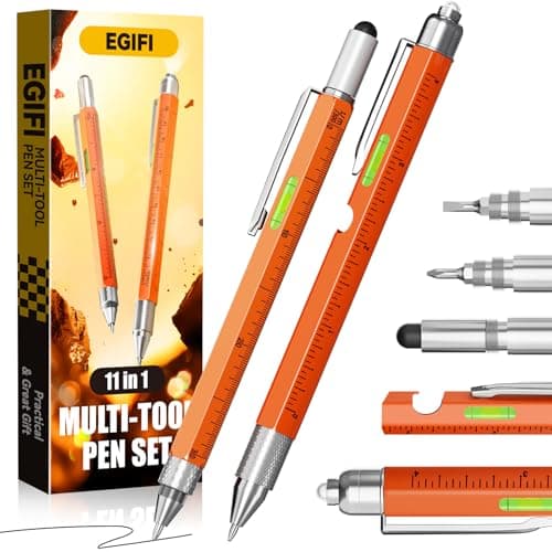 Gifts for Him, Dad, Husband, 11 in 1 Multitool Pen with LED Light, Ruler, Level, Screwdriver, Stylus, Flathead, Christmas Stocking Stuffers for Men Adults, Cool Birthday Gadgets for Men, Orange