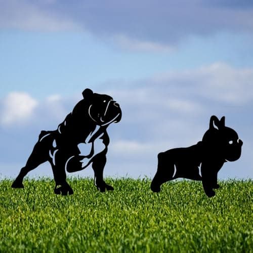 Metal Dog Garden Decor for Outside (2 Pack), Puppy Decorative Garden Stakes, Black French Bulldog Silhouette Outdoor, Dog Yard Art, Weather Resistant Steel Yard Decor