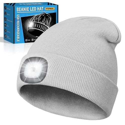 FFIPBGE Christmas Stocking Stuffers for Men Adults, Beanie Hats with Light, USB Rechargeable LED Hand Free Headlamp, Birthday Gifts for Men, Women, and Teens, Ideal for Camping, Hiking, Grey
