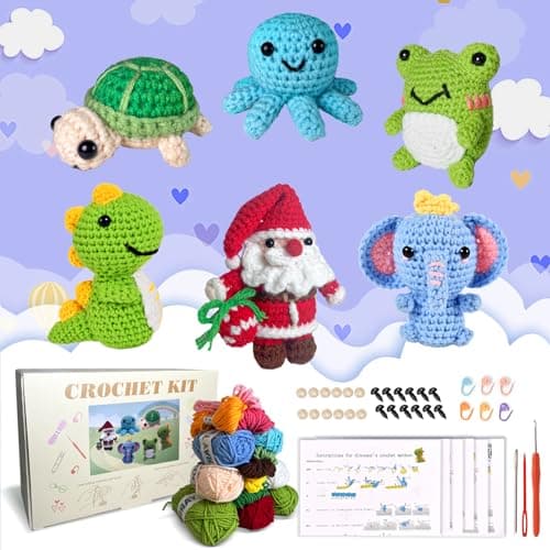Wunila 6Pcs Crochet Kit for Beginners, Crochet Animal Kits for Adults with Step by Step Videos Tutorials, Knitting Kit for Crochet Lovers Great Birthday Holiday Gift, DIY Handmade Gifts