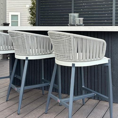 PURPLE LEAF Outdoor Rattan Counter Height Bar Stools Set of 2 Modern Patio Aluminum Woven Counter Chairs with Wicker Wraparound Back with Armrest for Kitchen Indoor Gray