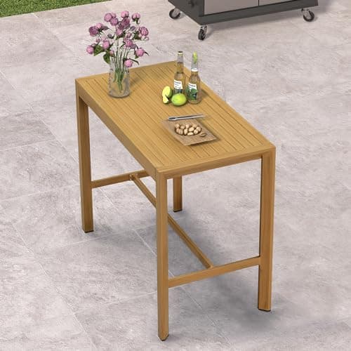 PURPLE LEAF Outdoor Counter Height Bar Table Patio Aluminum Dining Bistro Long Metal Table for Coffee Balcony Garden Indoor Kitchen Outside Teak