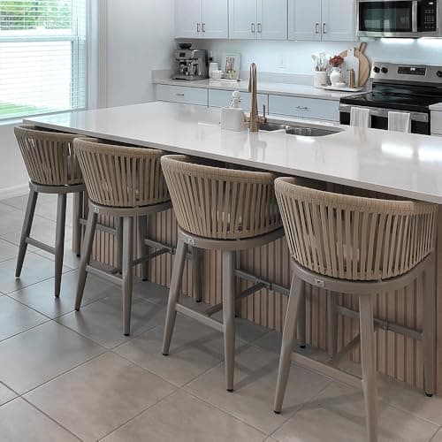 PURPLE LEAF Outdoor Counter Height Bar Stools Set of 4 Patio Metal Modern Wicker Bar Chairs Woven Aluminum Barstools with Back and Cushions for Balcony Garden Indoor Kitchen Poolside Champagne