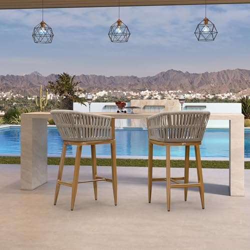 PURPLE LEAF Outdoor Bar Height Stools Set of 2 for Overweight Wicker Rattan Patio Barstools Woven Modern Bar Chairs with Backrest and Cushions for Garden Outside Teak
