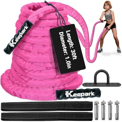 Battle Ropes for Home Gym 1 Inch Diameter 30FT Length Workout Rope Exercise Rope Training Ropes with Protective Sleeve for Kids Men Women Exercise Fitness & Strength Training-Pink