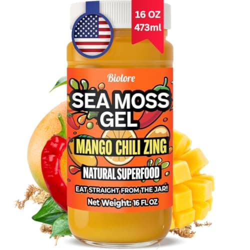 Biolore Mango Chili Zing Sea Moss Gel 16 oz - No Added Sugar, Vegan, Made in USA - Wildcrafted Sea Moss Superfood with 92 Essential Vitamins - Ready to Use, No Prep Needed