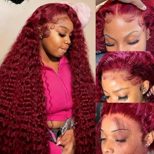 Yeeaak 28inch Burgundy Wig Human Hair 99j Burgundy 13x6 Deep Wave Hd Lace Front Wigs Human Hair 200% Density Wet And Wavy Glueless Wig For Women Wine Red Colored Curly Wig Pre Plucked With Baby Hair