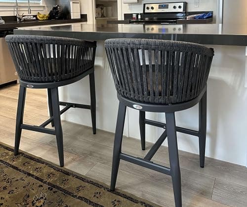 PURPLE LEAF Outdoor Counter Height Bar Stools Set of 2 Patio Metal Modern Wicker Bar Chairs Woven Aluminum Barstools with Back and Cushions for Balcony Garden Indoor Kitchen Poolside Gray