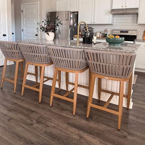 PURPLE LEAF Outdoor Counter Height Bar Stools Set of 2 for Overweight Wicker Rattan Patio Barstools Woven Modern Bar Chairs with Backrest and Cushions for Garden Outside Teak