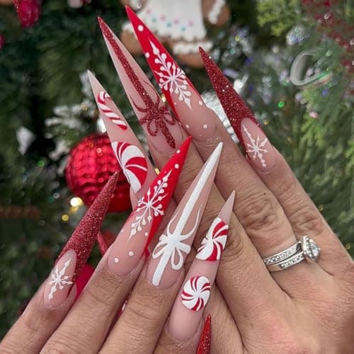 Melines 24pcs Christmas Red Long Almond French Tips Press On Nails with Snowflakes, Candies and Bows for Themed Costumes, Reusable Nail Kit with Nail Adhesive Tabs Mini Nail File, 12 Sizes (Red Candy)