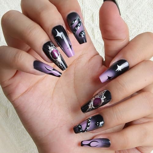 Melines 3D Gothic Black Starry Snake Motif 30pcs Medium Square Nails, Colorful Full Cover Artificial Stick on Nails Kit