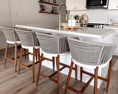 PURPLE LEAF Outdoor Rattan Counter Height Bar Stools Set of 4 Modern Patio Aluminum Woven Counter Chairs with Wicker Wraparound Back with Armrest for Kitchen Indoor Teak